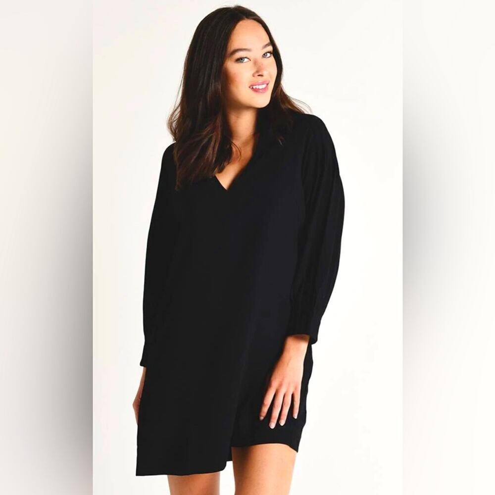 EUC Brochu Walker Black Lysett dress large shirt dress knee length v-neck pocket